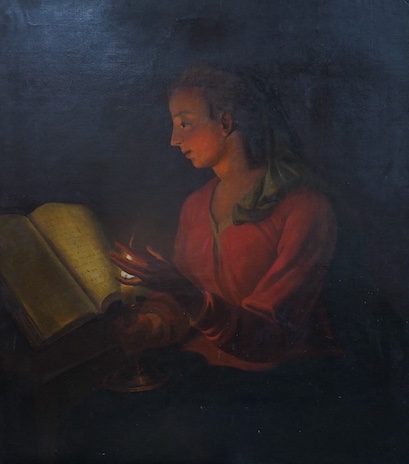 19th century School, oil on canvas, Study of a lady reading by candlelight, unsigned, 101 x 89cm, unframed. Condition - fair, re-lined